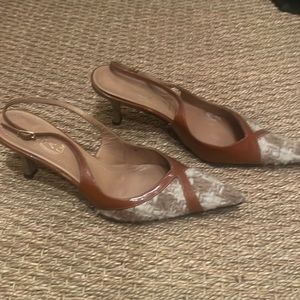 Casadei tweed and patent kitten heel sandals